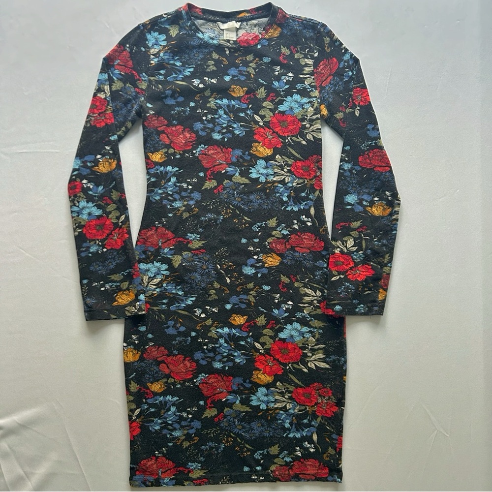 H&M Black Red Orange Floral Fitted Long Sleeve Mini Dress Size S